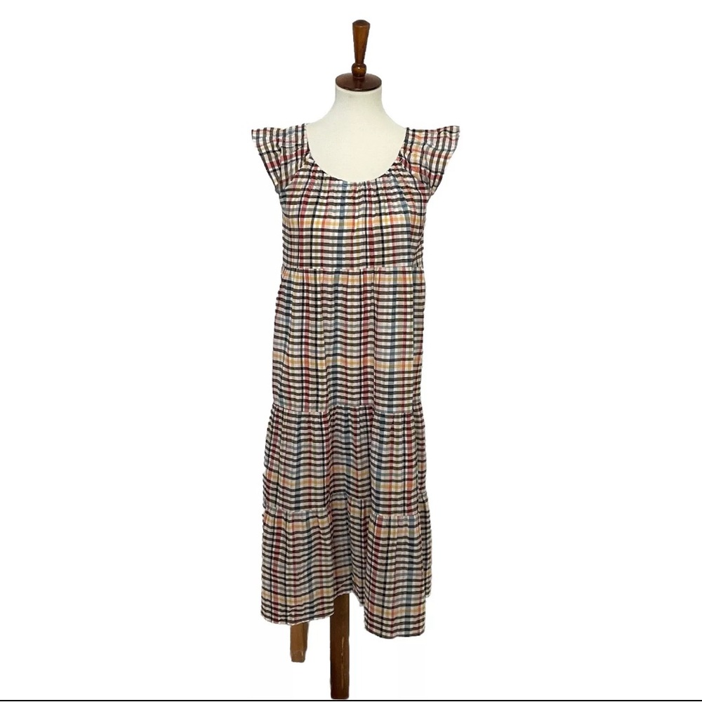 Loft Dress Midi Lightweight Plaid Tiered Cotton Cottagecore Pink Yellow Black